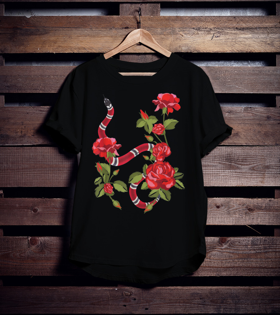Royal Striped Snake And Flower Red Roses Botanical T-Shirt