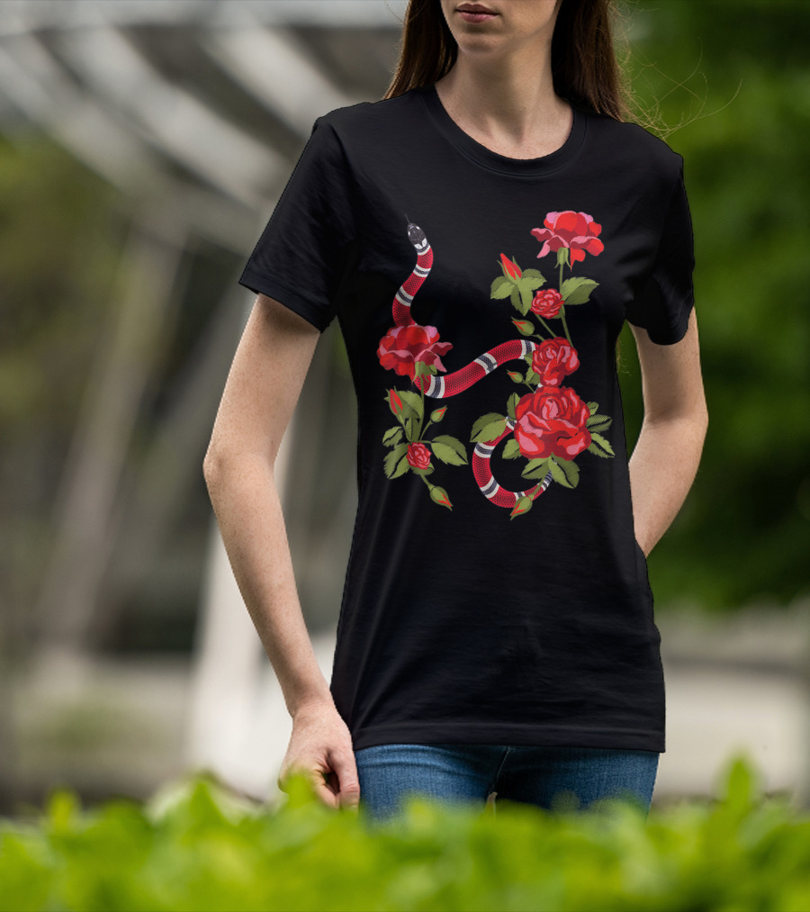 Royal Striped Snake And Flower Red Roses Botanical T-Shirt