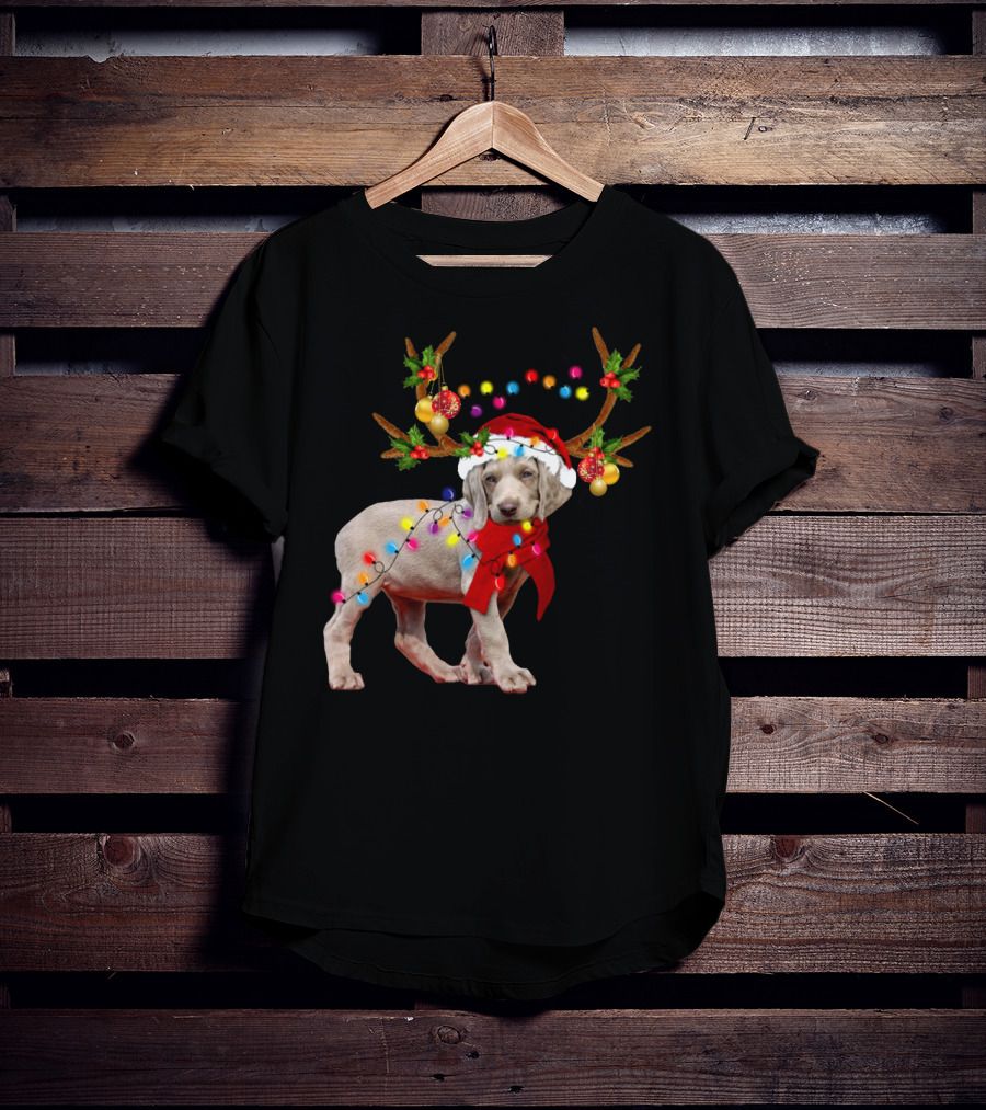Santa Weimaraner Reindeer Christmas Lights T-Shirt