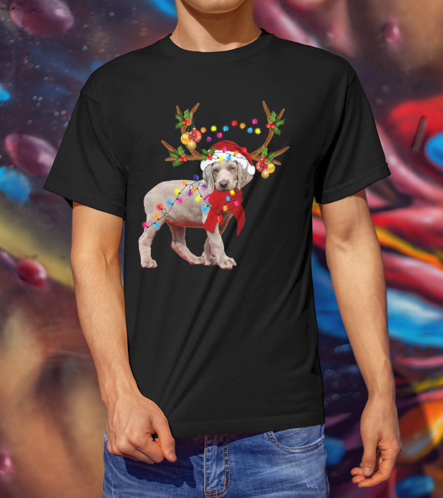 Santa Weimaraner Reindeer Christmas Lights T-Shirt