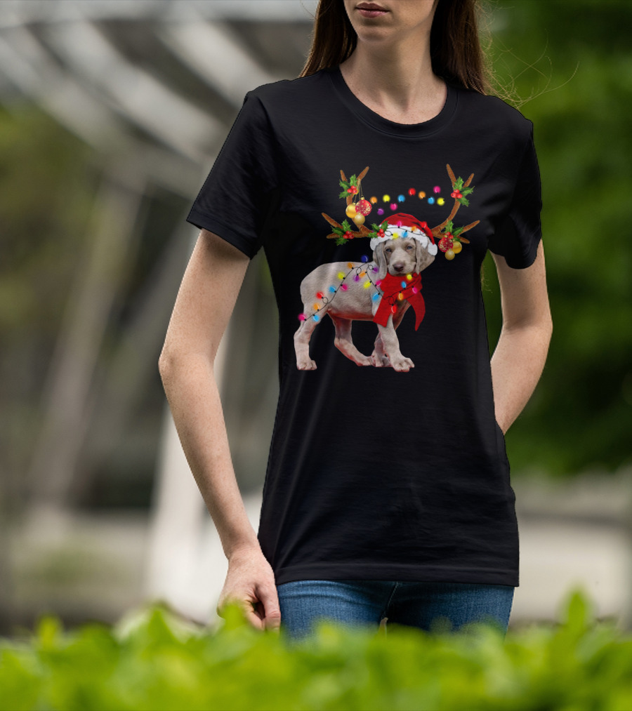 Santa Weimaraner Reindeer Christmas Lights T-Shirt