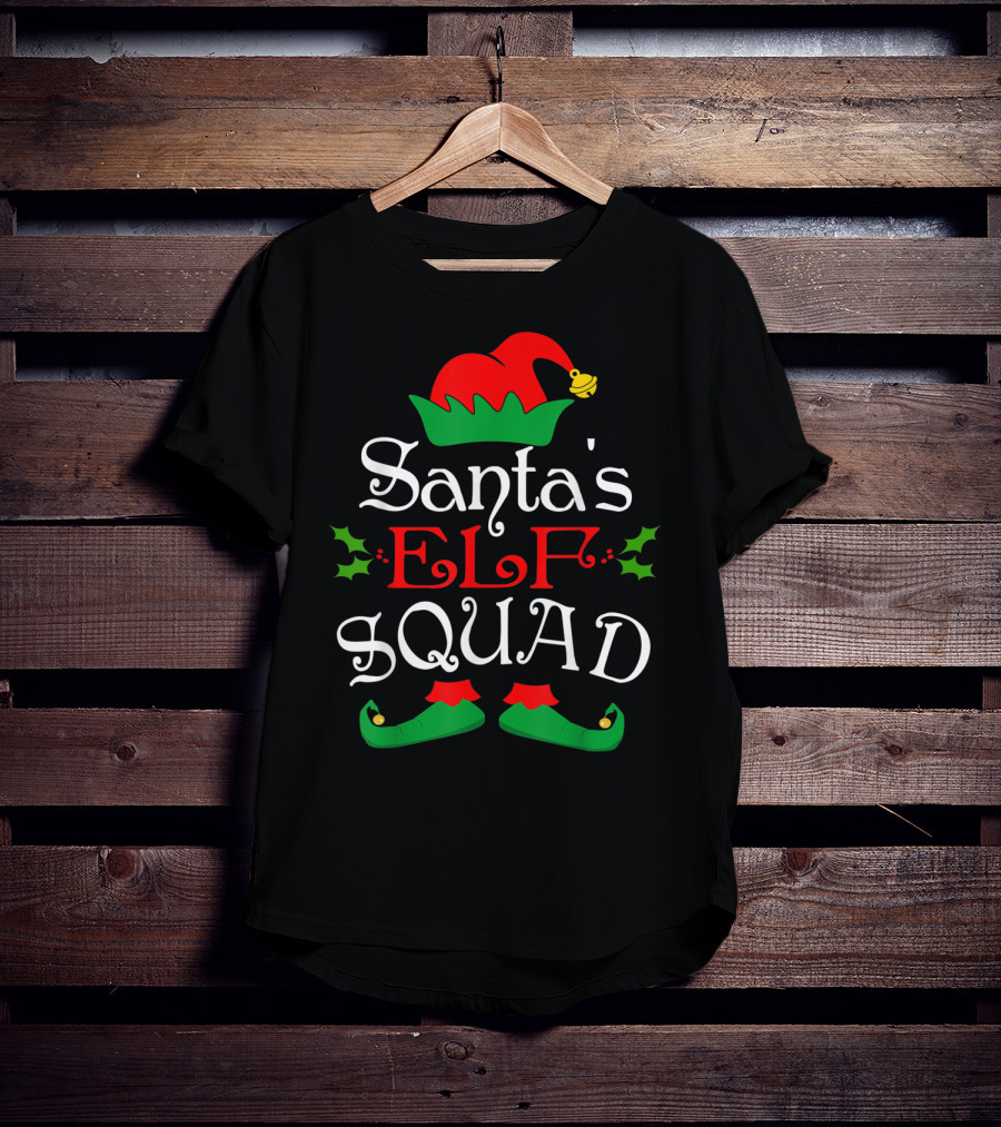 Santa's Elf Squad Christmas Elves Festive Holiday Team With Holly And Elf Hat T-Shirt