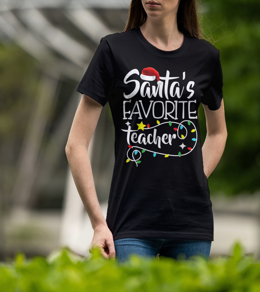 Santa's Favorite Teacher Christmas Lights With Santa Hat Stars And Colorful Bulbs T-Shirt