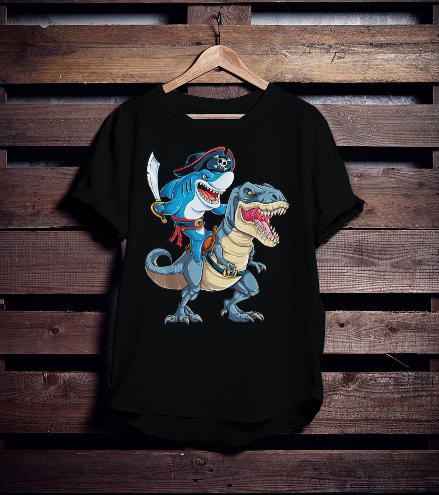 Shark Pirate Riding Dinosaur Rex Jawsome Adventure T-Shirt