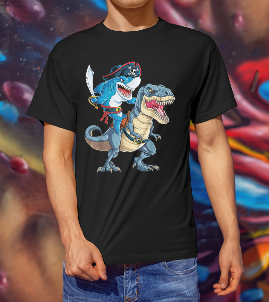 Shark Pirate Riding Dinosaur Rex Jawsome Adventure T-Shirt