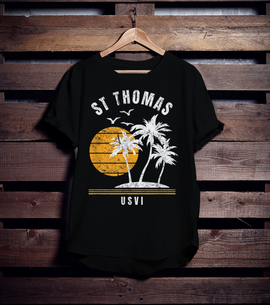 St Thomas USVI Caribbean Sunset With Palm Trees And Birds T-Shirt