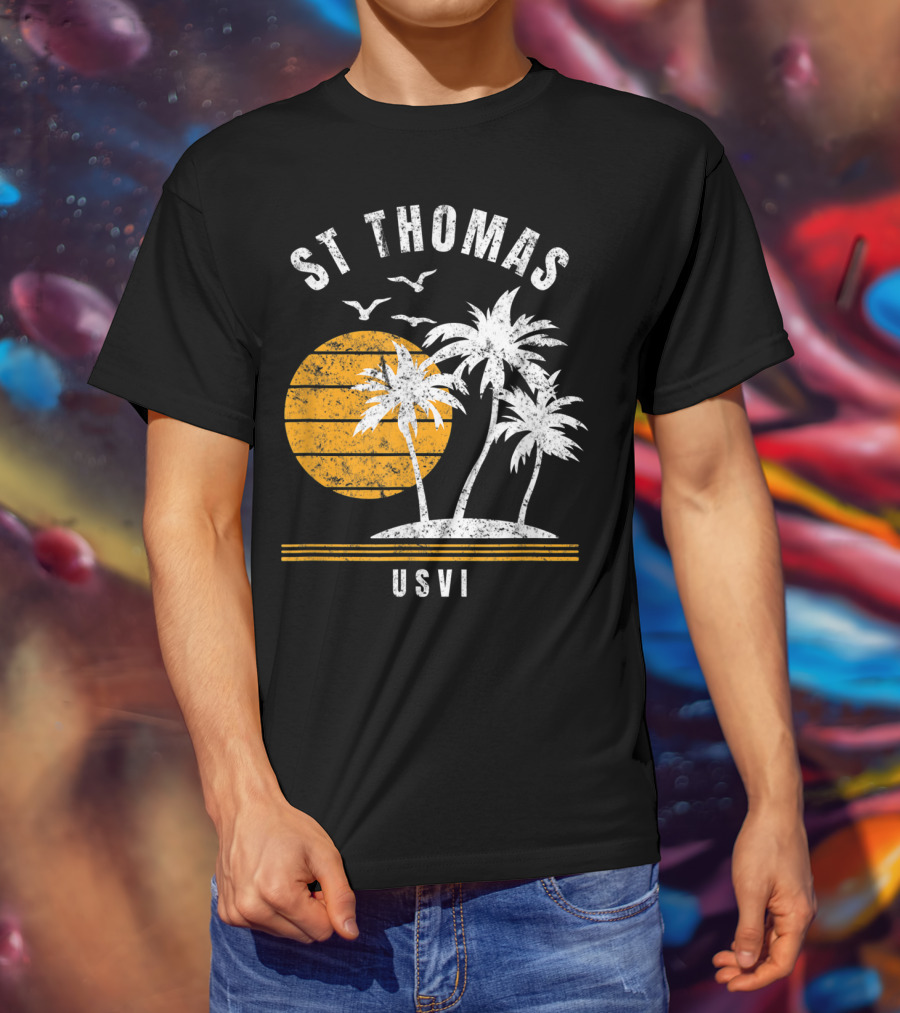 St Thomas USVI Caribbean Sunset With Palm Trees And Birds T-Shirt