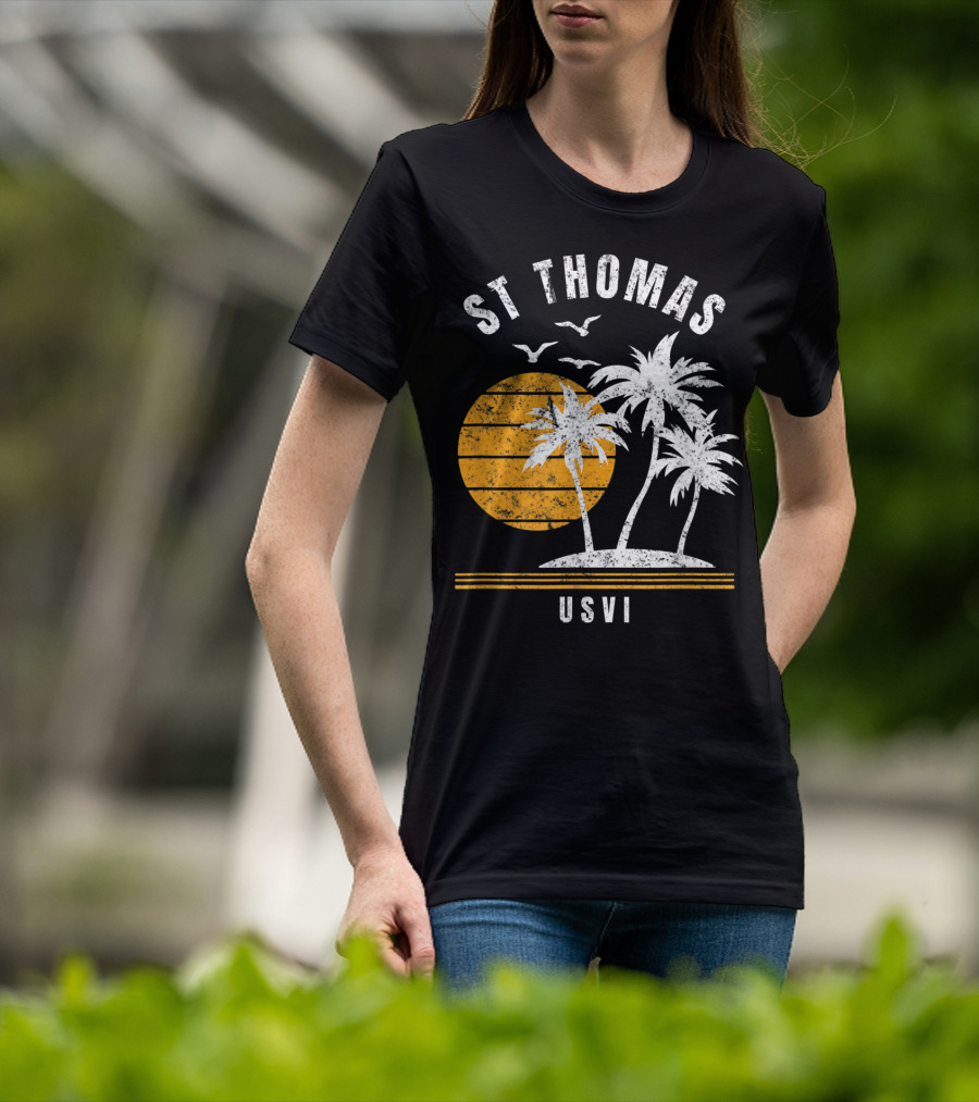 St Thomas USVI Caribbean Sunset With Palm Trees And Birds T-Shirt