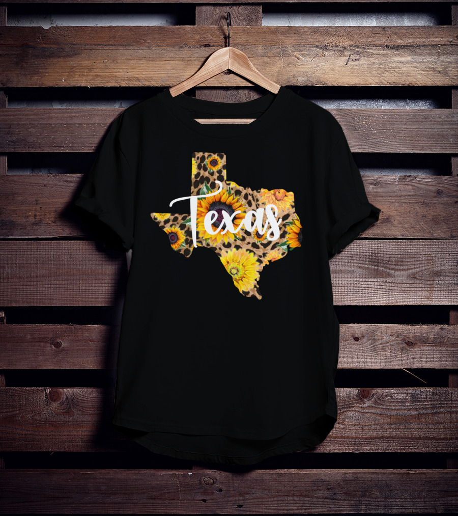 Texas Sunflower Leopard Print Wildflower State Map T-Shirt