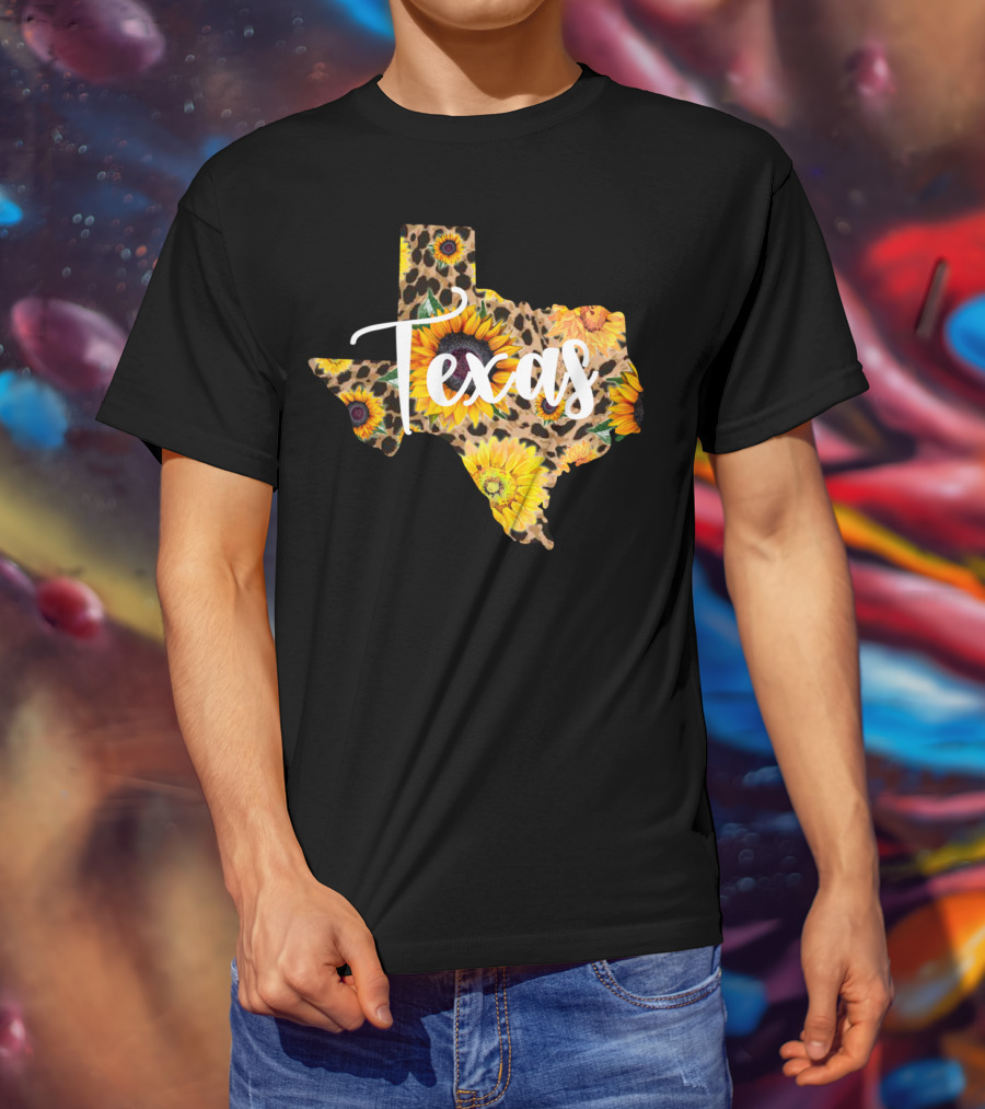 Texas Sunflower Leopard Print Wildflower State Map T-Shirt