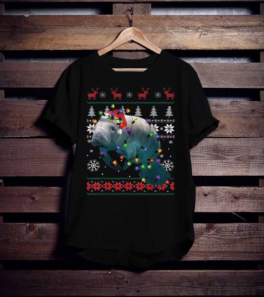 Ugly Christmas Manatee Santa Funny Mana Lover Holiday Lights T-Shirt
