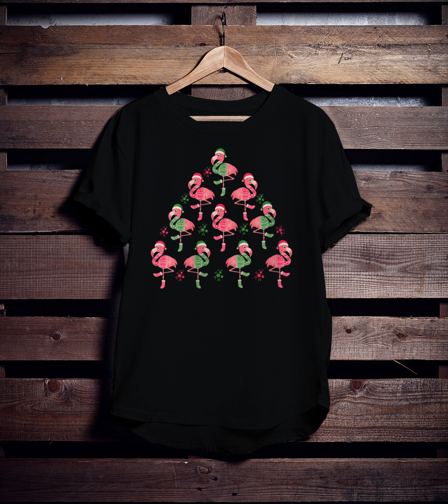 Flamingo Christmas Tree With Santa Hats And Holiday Sweaters T-Shirt