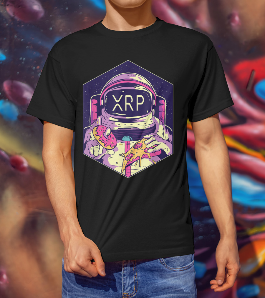 XRP Symbol Astronaut Eating Pizza And Donut Crypto Currency To The Moon T-Shirt