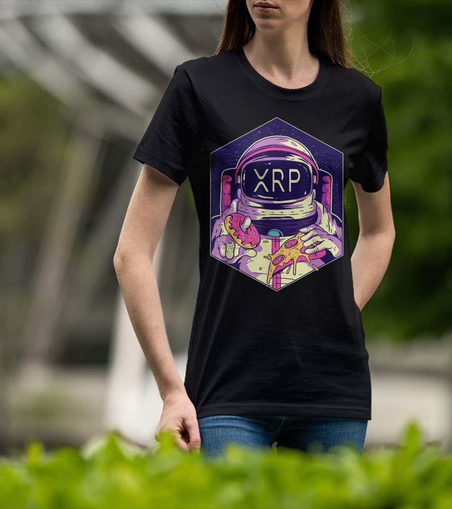 XRP Symbol Astronaut Eating Pizza And Donut Crypto Currency To The Moon T-Shirt