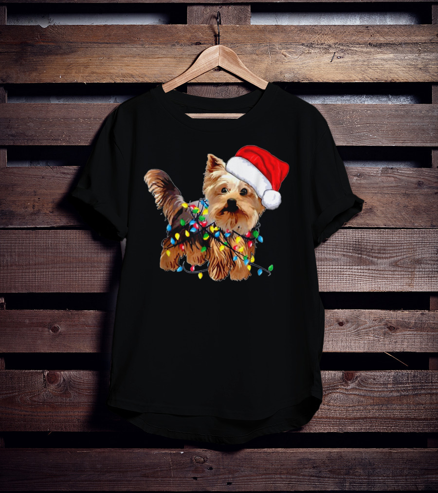 Yorkie Christmas Lights Santa Hat T-Shirt