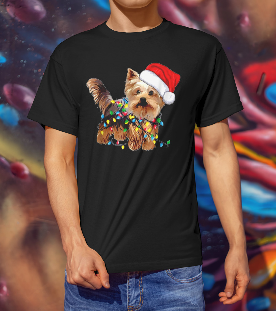 Yorkie Christmas Lights Santa Hat T-Shirt