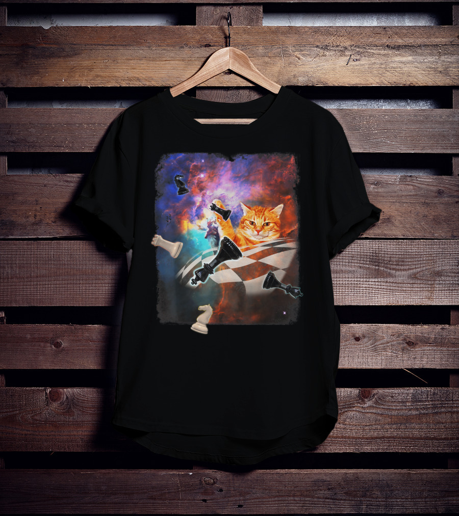 Chess Cat Floating Between Stars And Nebula With Chess Pieces T-Shirt