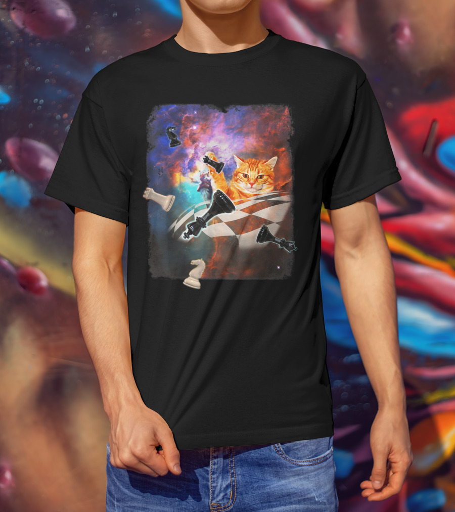 Chess Cat Floating Between Stars And Nebula With Chess Pieces T-Shirt