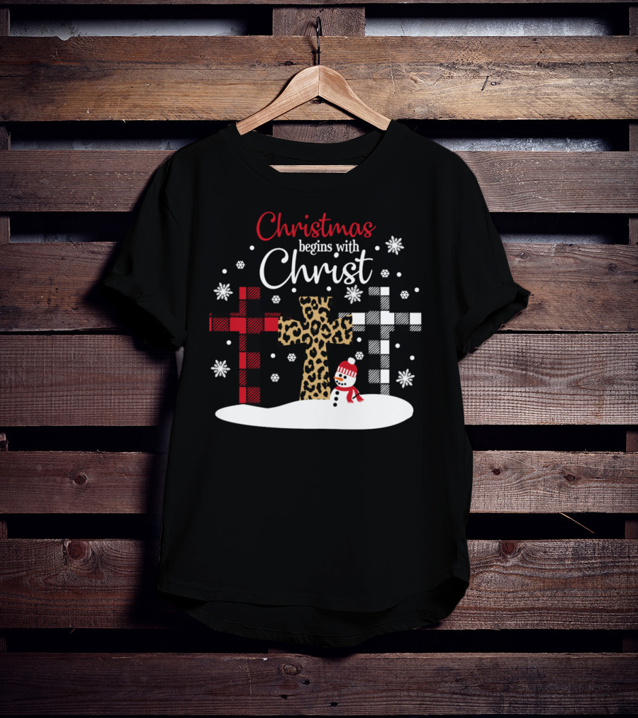 Christmas Begins With Christ Snowman And Patterned Crosses T-Shirt