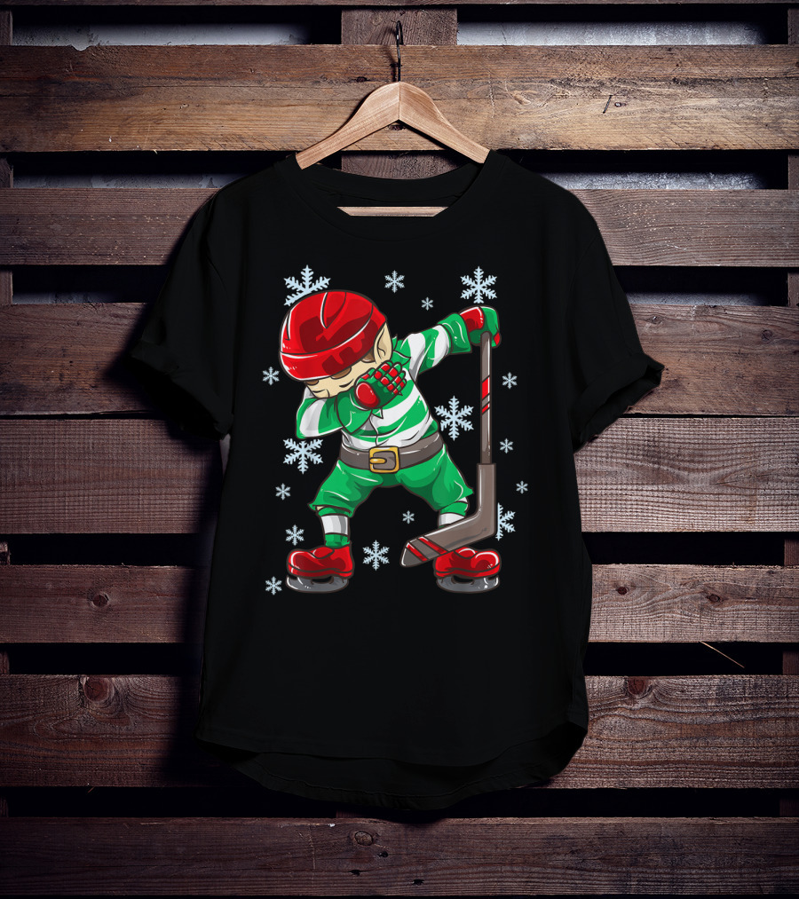 Christmas Elf Dabbing Ice Hockey Snowflake Squad T-Shirt