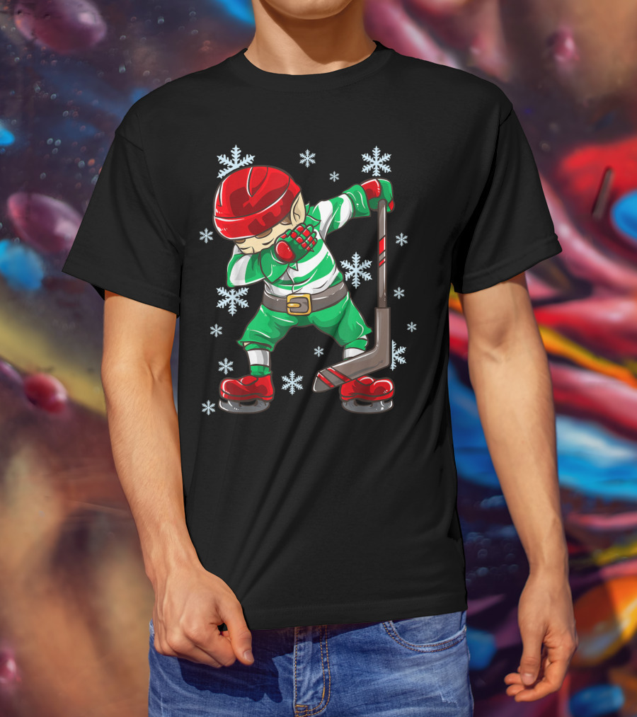Christmas Elf Dabbing Ice Hockey Snowflake Squad T-Shirt