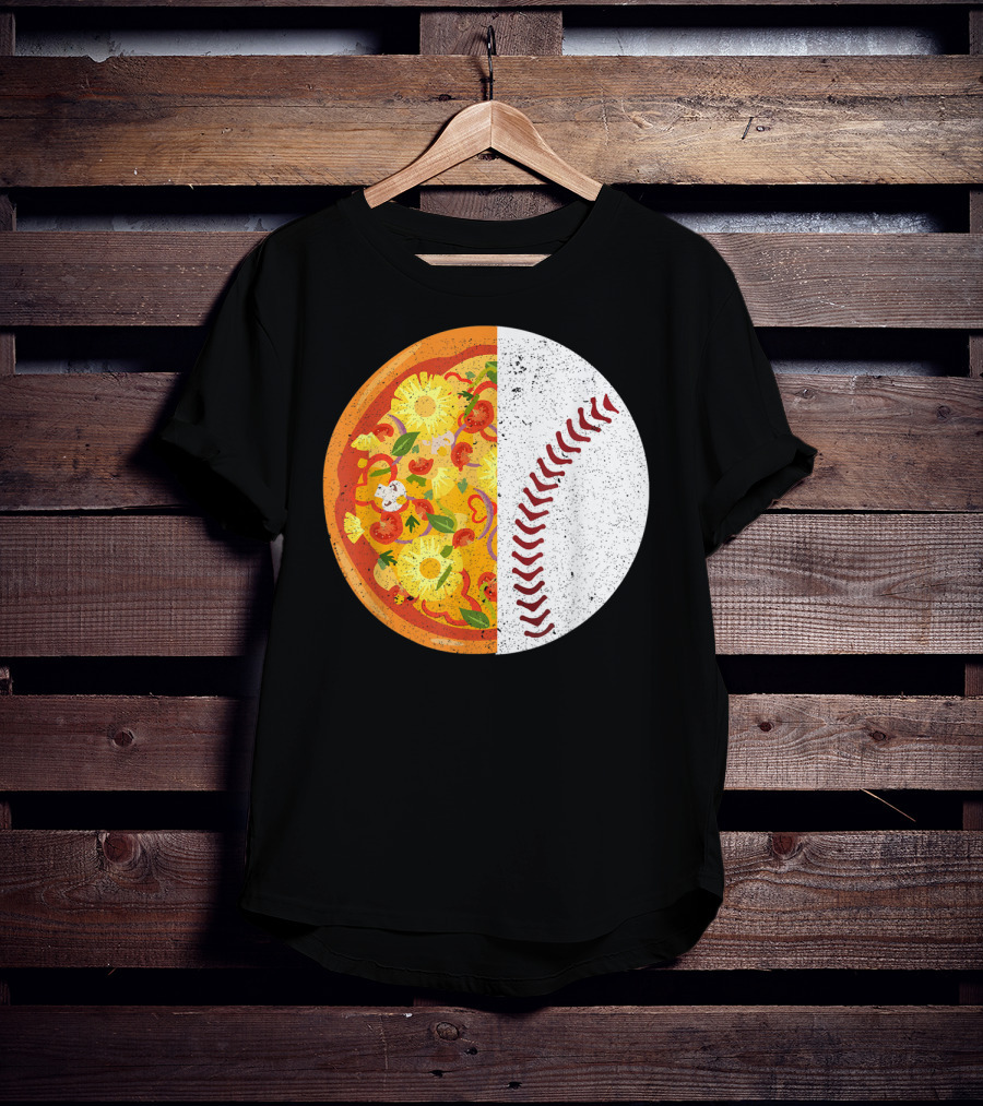 Funny Baseball Lover Eat Pizza Half Sport Pizza Baseball T-Shirt