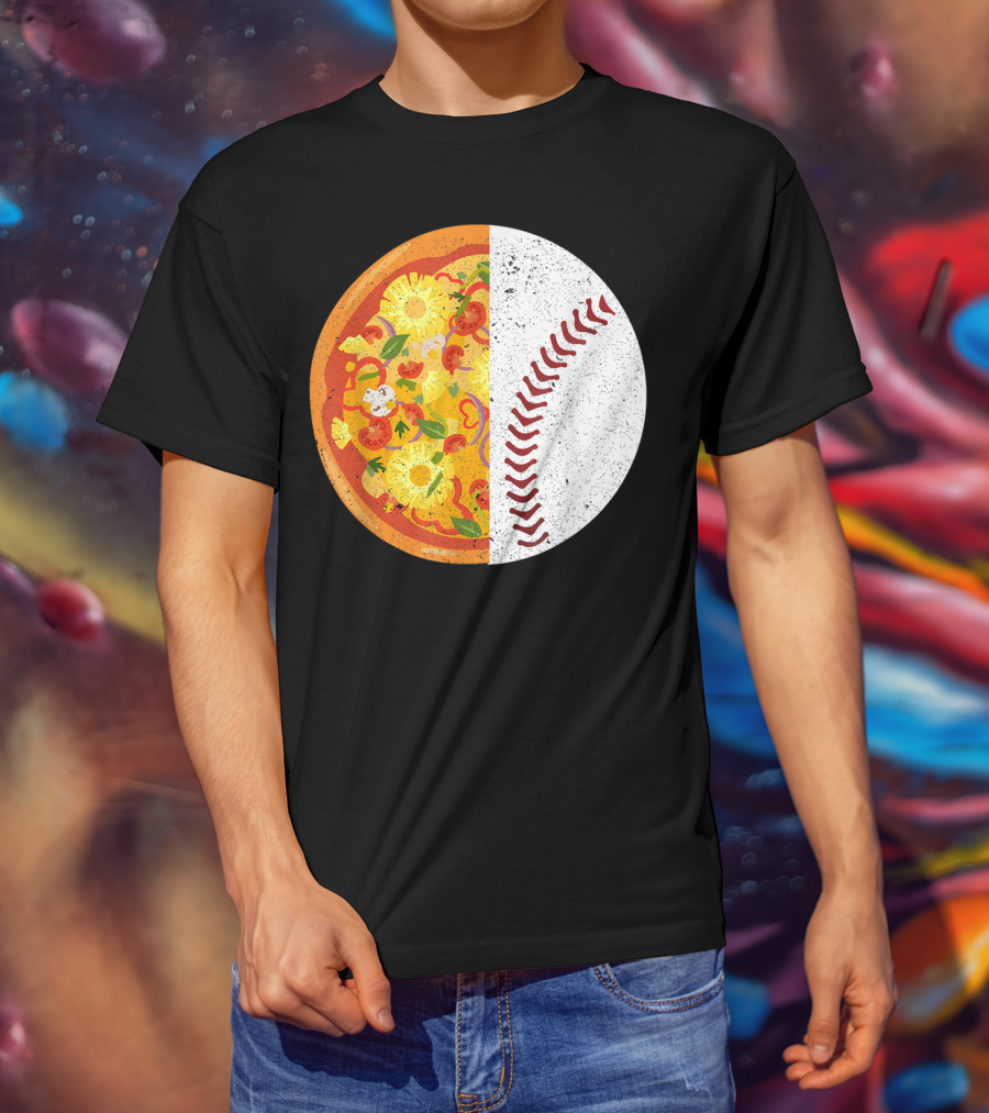 Funny Baseball Lover Eat Pizza Half Sport Pizza Baseball T-Shirt
