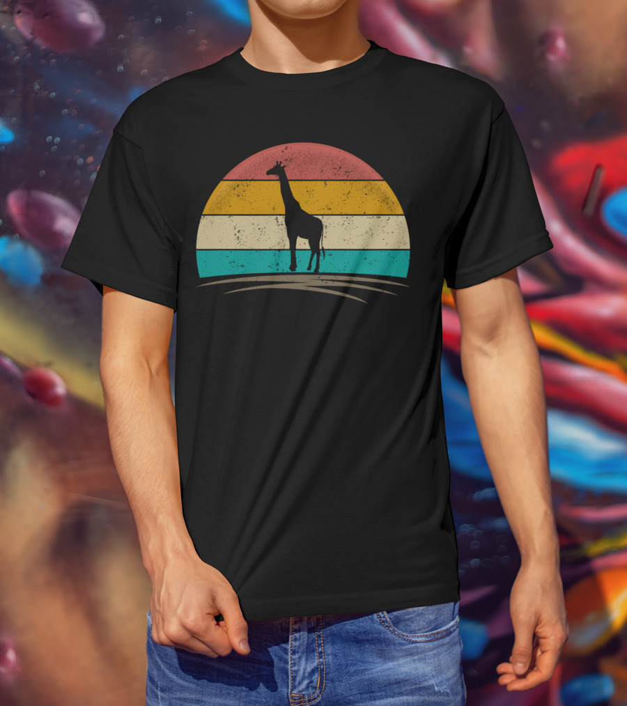 Vintage Giraffe Distressed Sunset Silhouette Giraffe Stripe Retro T-Shirt