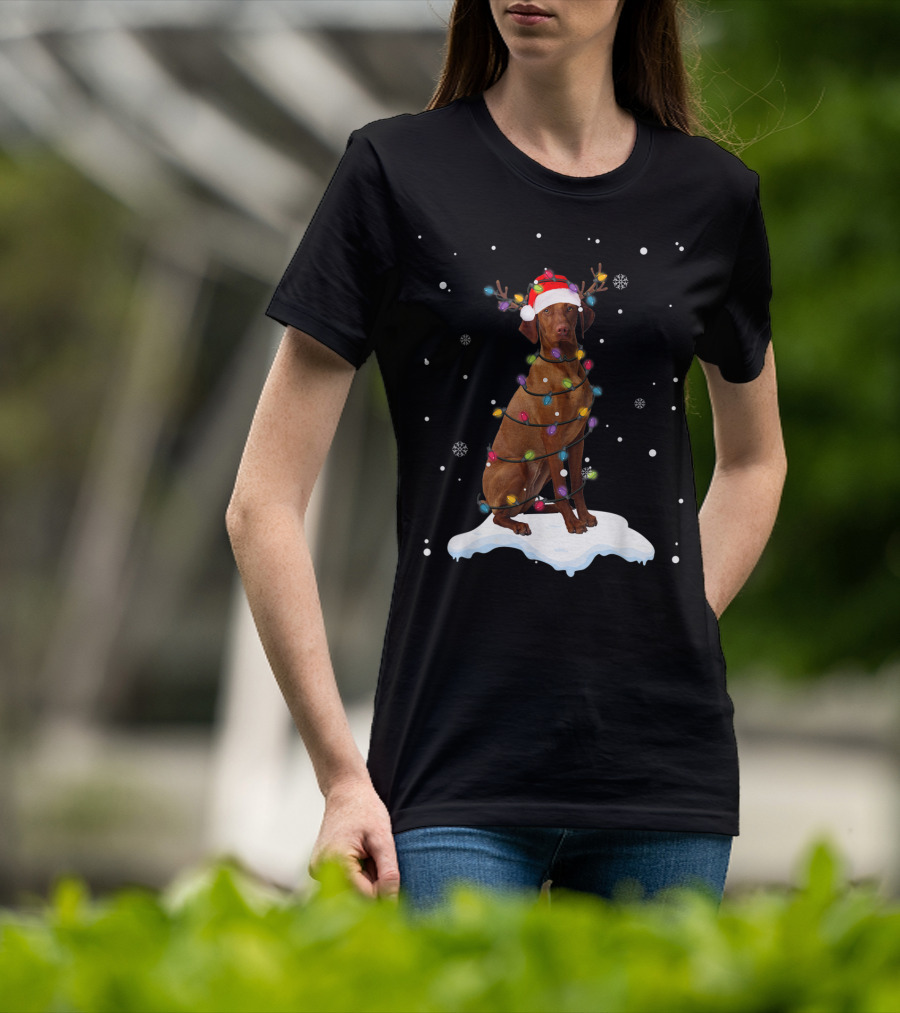 Vizsla Wrapped In Christmas Lights With Santa Hat And Antlers In Snow T-Shirt