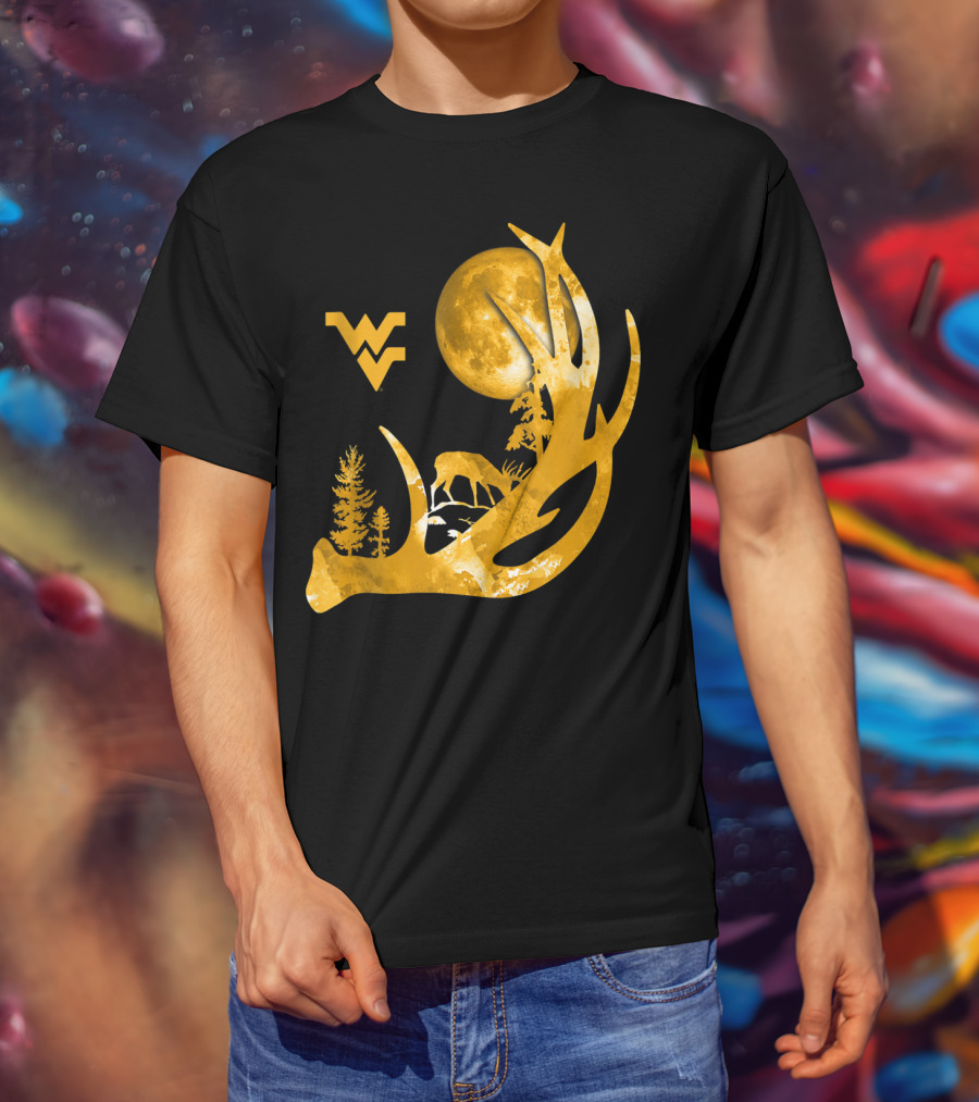 West Virginia Mountaineers Antler Moon Deer Silhouette Fan T-Shirt