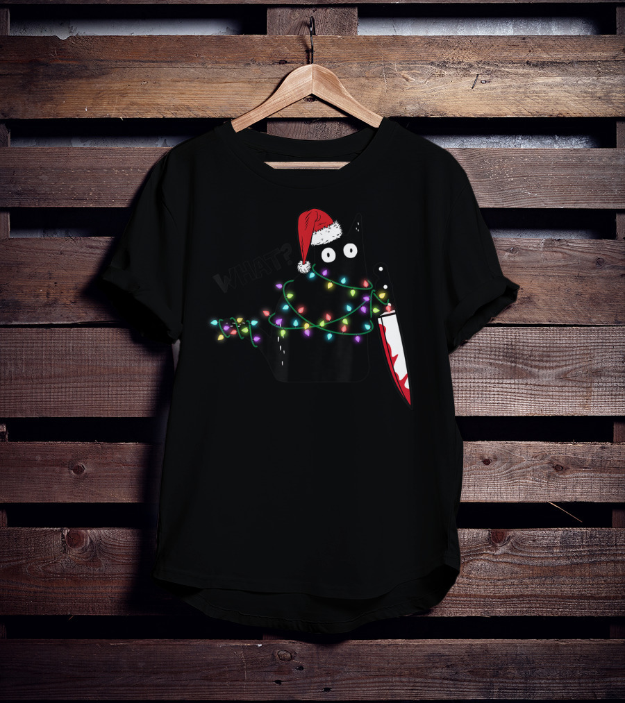 What Cat Wrapped In Xmas Lights Holding Knife Wearing Santa Hat T-Shirt