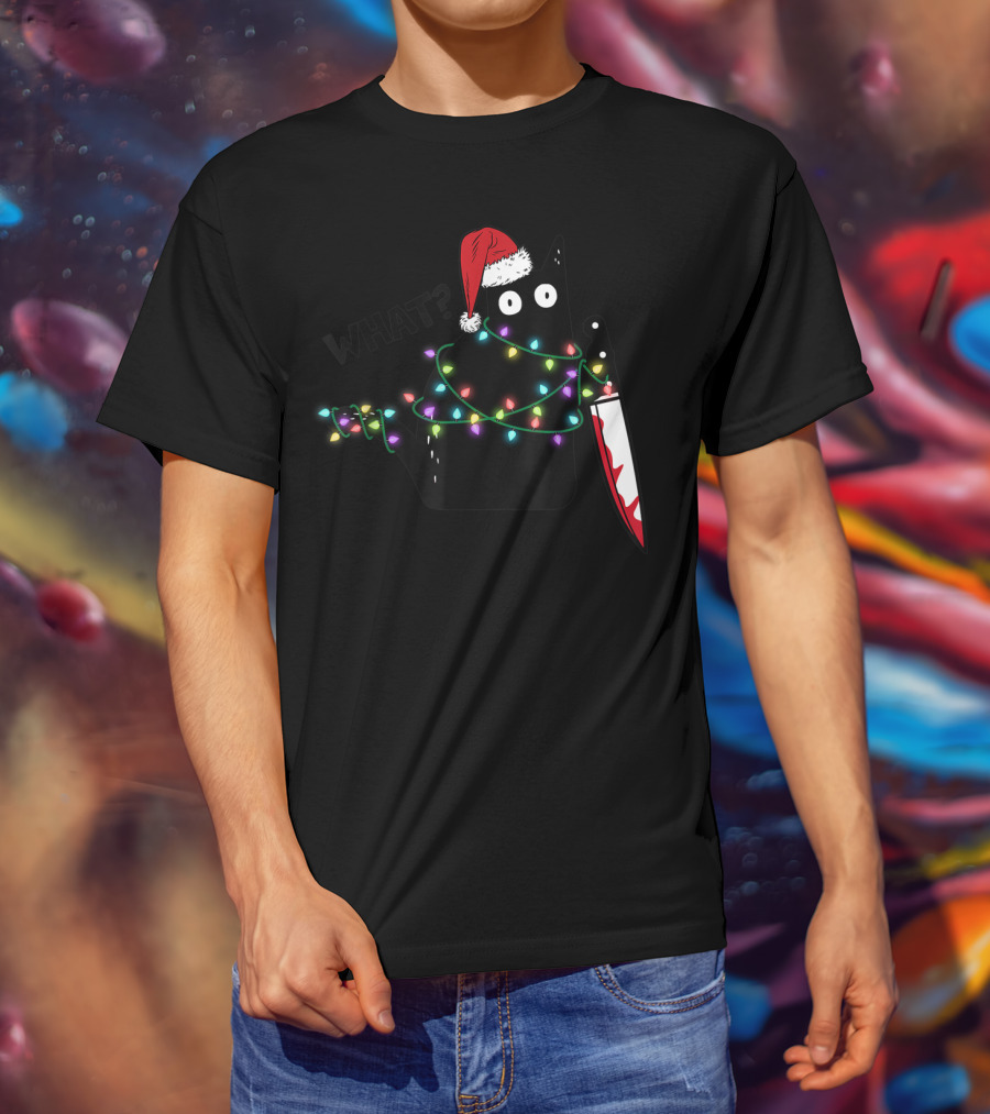 What Cat Wrapped In Xmas Lights Holding Knife Wearing Santa Hat T-Shirt