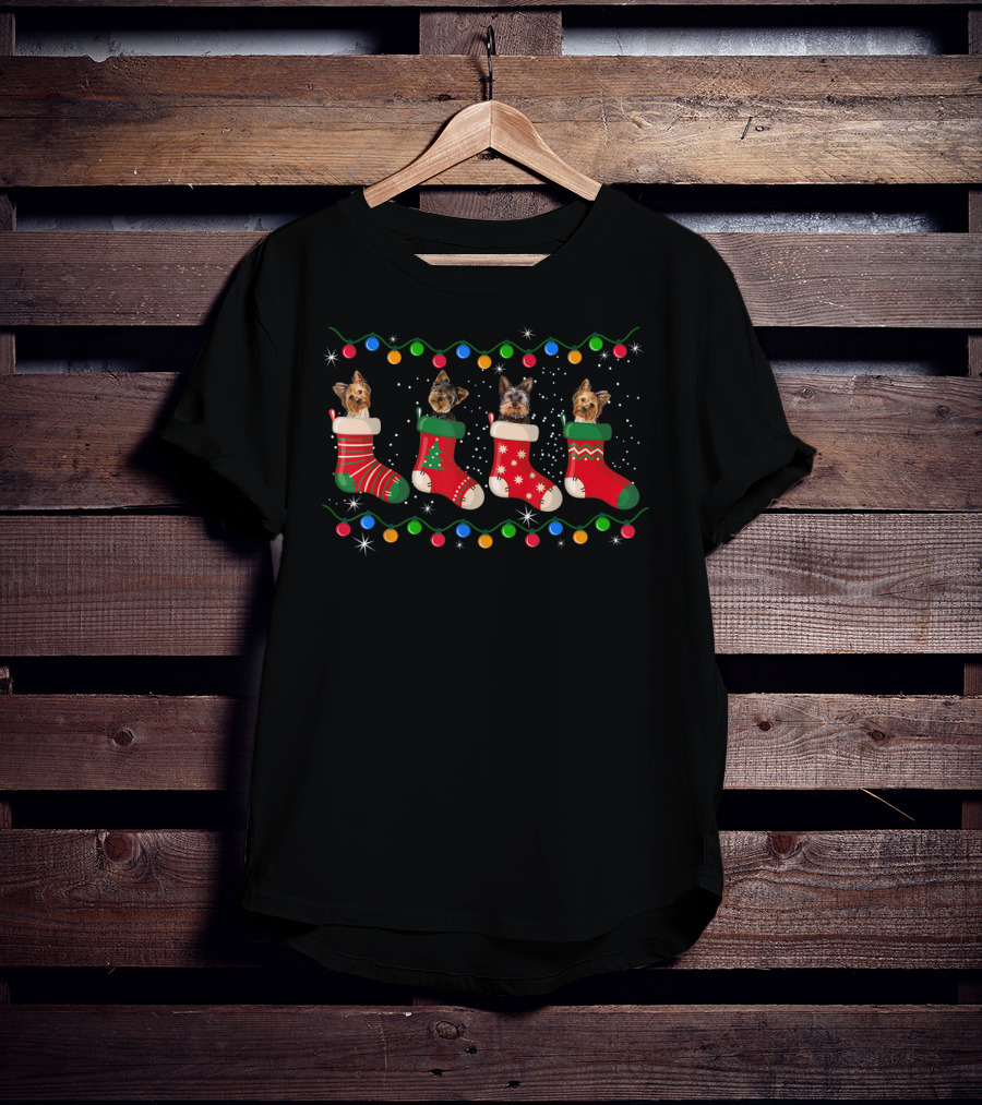 Yorkie Stockings With Christmas Lights And Funny T-Shirt