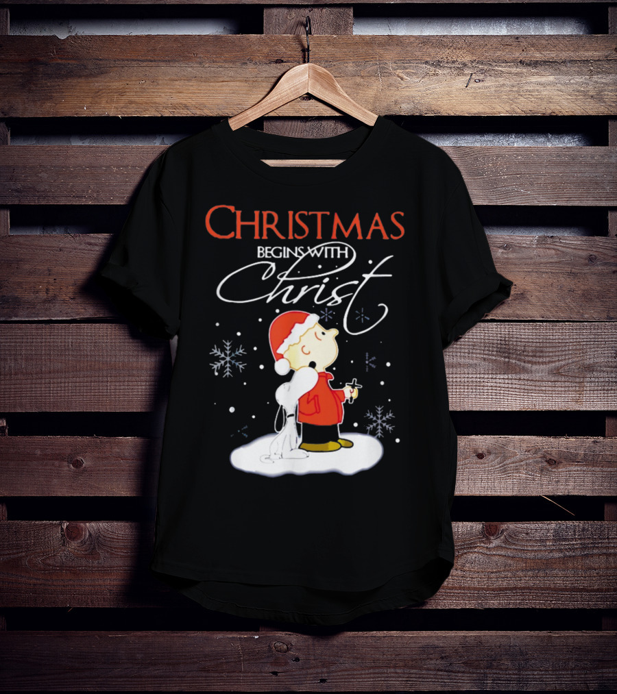 Christmas Begins With Christ Xmas Holiday Boy And Dog With Snowflakes T-Shirt