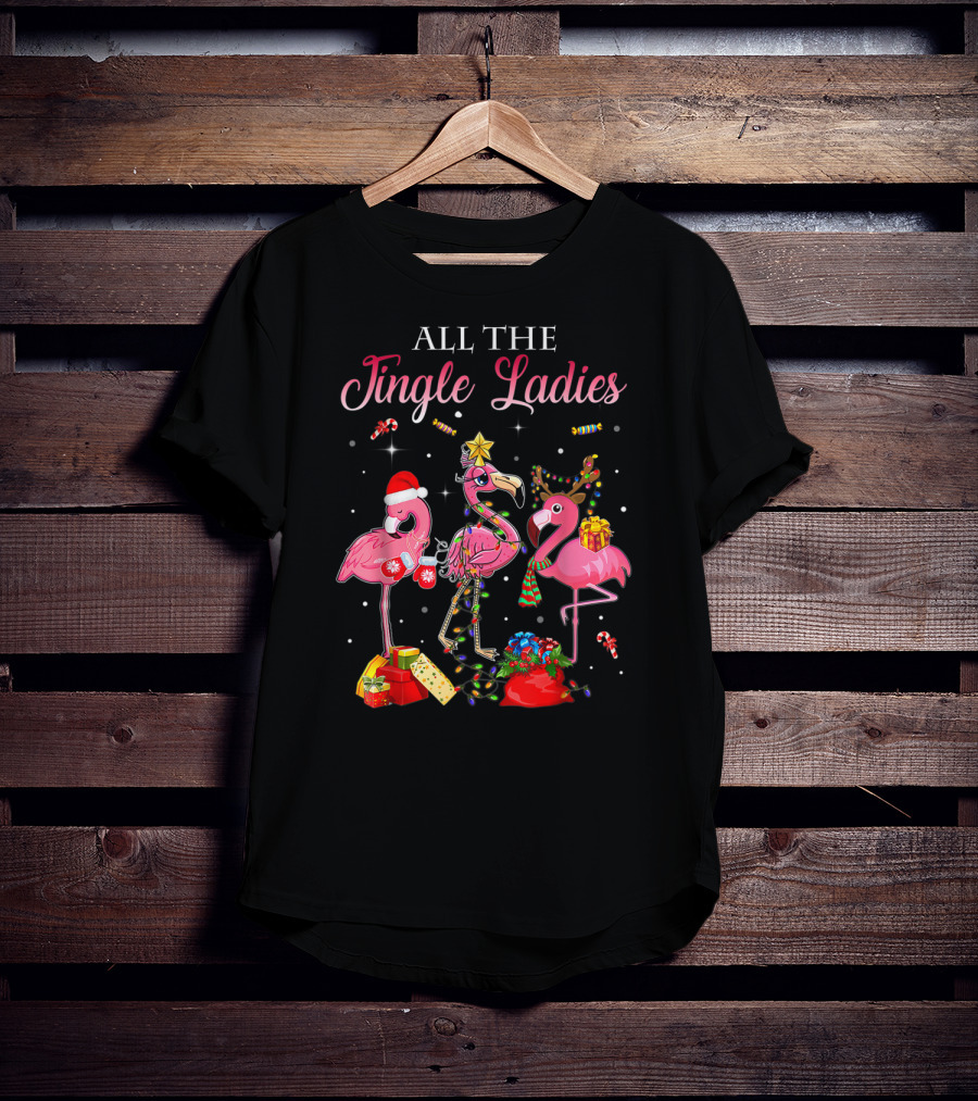 All The Jingle Ladies Christmas Pink Flamingo Santa Hats Presents Lights T-Shirt