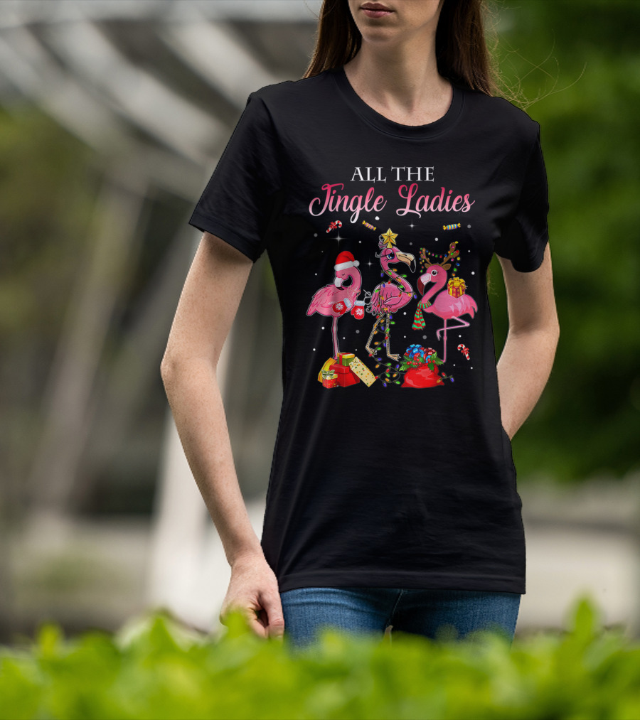 All The Jingle Ladies Christmas Pink Flamingo Santa Hats Presents Lights T-Shirt