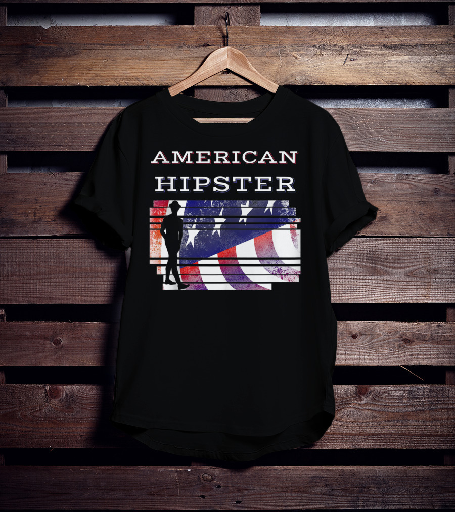 American Hipster Silhouette With Distressed US Flag Background T-Shirt