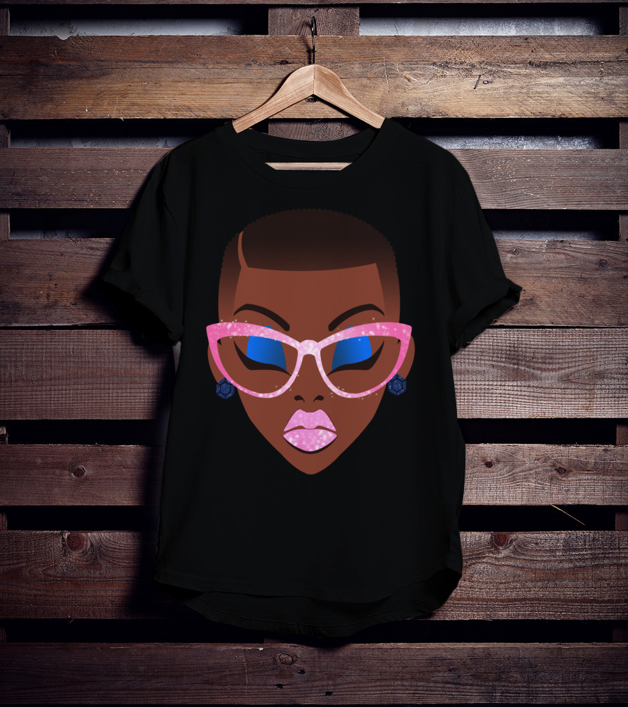 Beautiful Afro Black Girl With Natural Hair Pink Sparkle Glasses T-Shirt