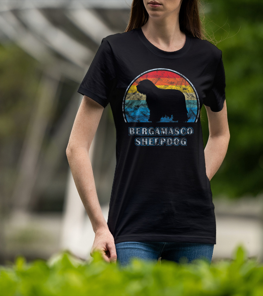 Bergamasco Sheepdog Retro Silhouette Vintage Stripes T-Shirt