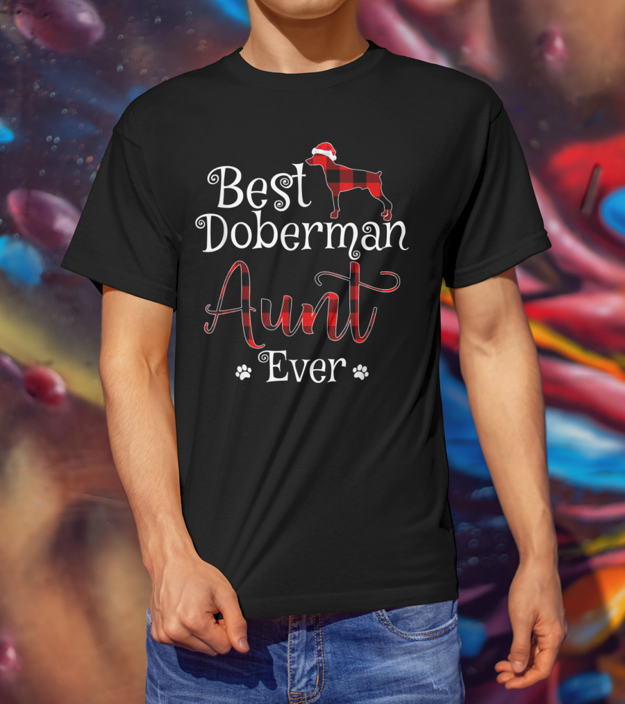 Best Doberman Aunt Ever Plaid Santa Hat Paw Prints T-Shirt