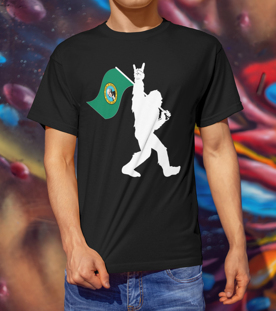 Bigfoot Holding Washington State Flag Rock And Roll Gesture T-Shirt