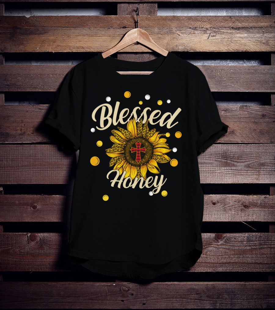 Blessed Honey Sunflower With Cross And Polka Dots T-Shirt