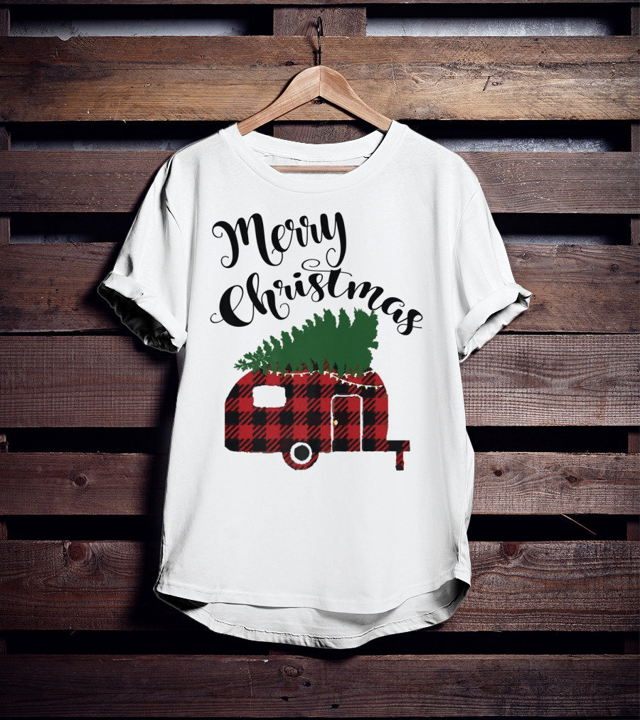 Merry Christmas Buffalo Plaid Camper With Tree T-Shirt