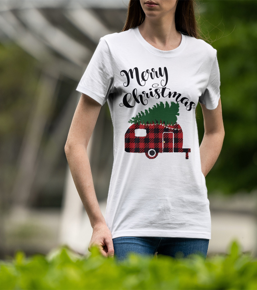 Merry Christmas Buffalo Plaid Camper With Tree T-Shirt