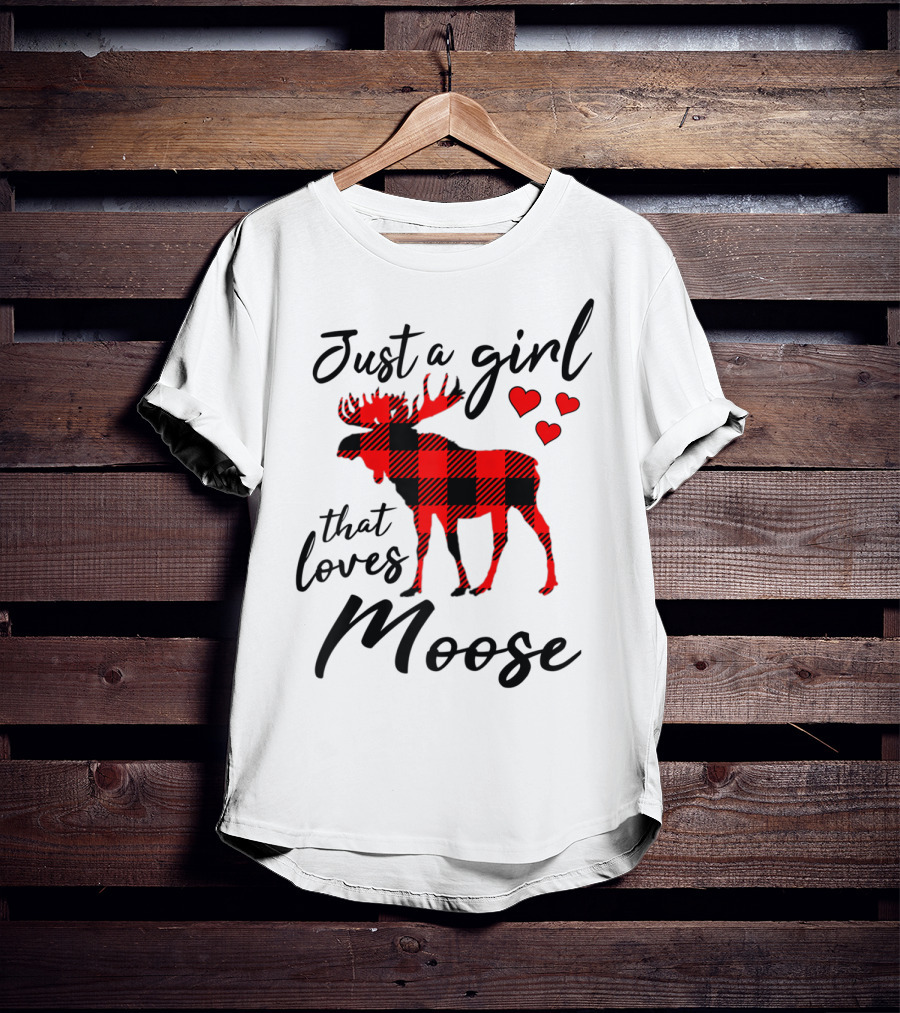 Just A Girl That Loves Moose Buffalo Plaid Hearts T-Shirt