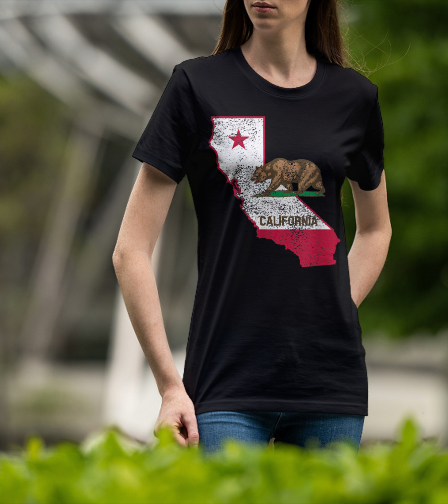 California Flag Bear And Star On State Outline T-Shirt