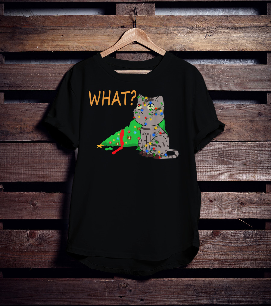 WHAT Funny Black Cat Christmas Tree T-Shirt