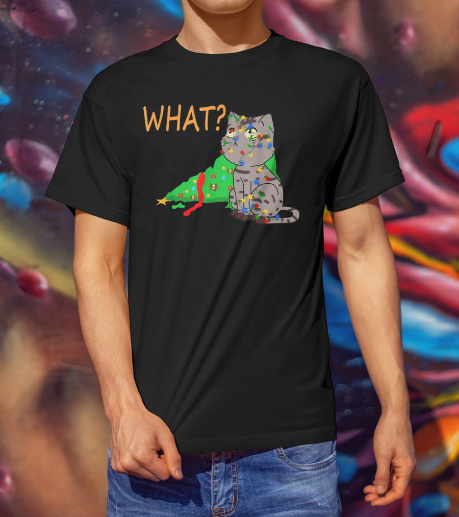 WHAT Funny Black Cat Christmas Tree T-Shirt