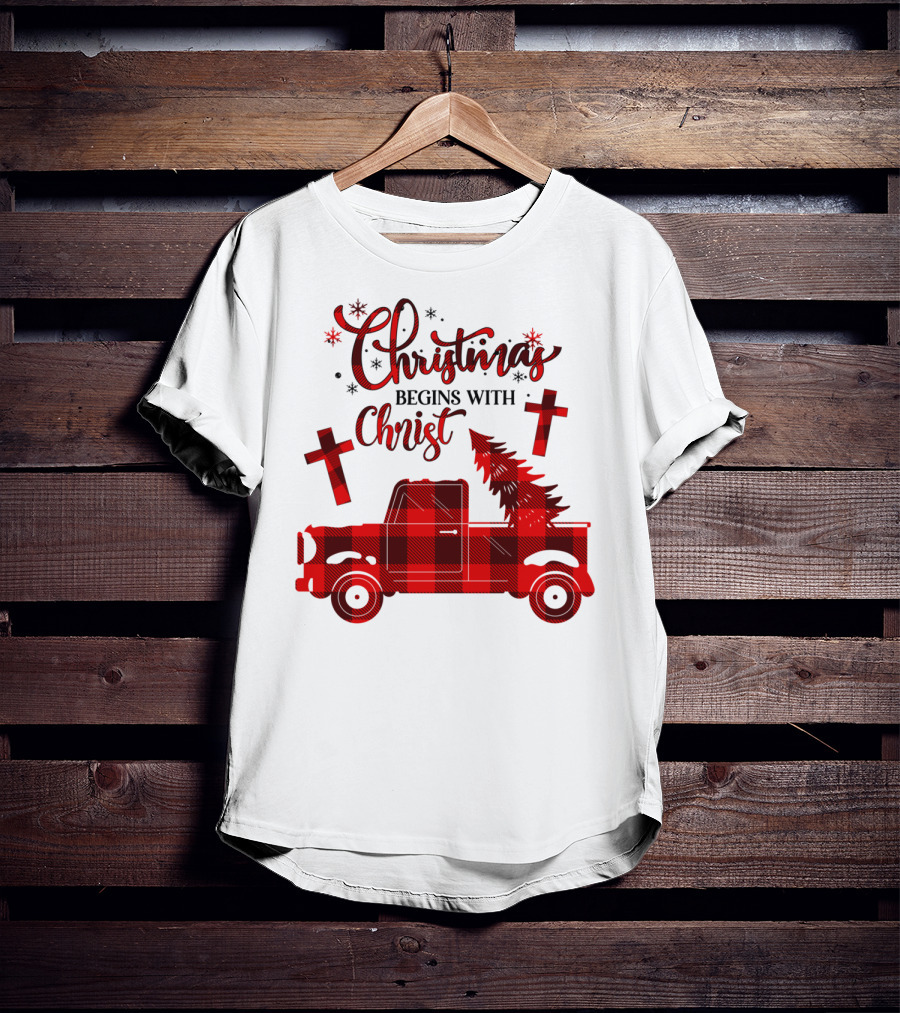 Christmas Begins With Christ Buffalo Plaid Red Truck With Tree And Crosses T-Shirt