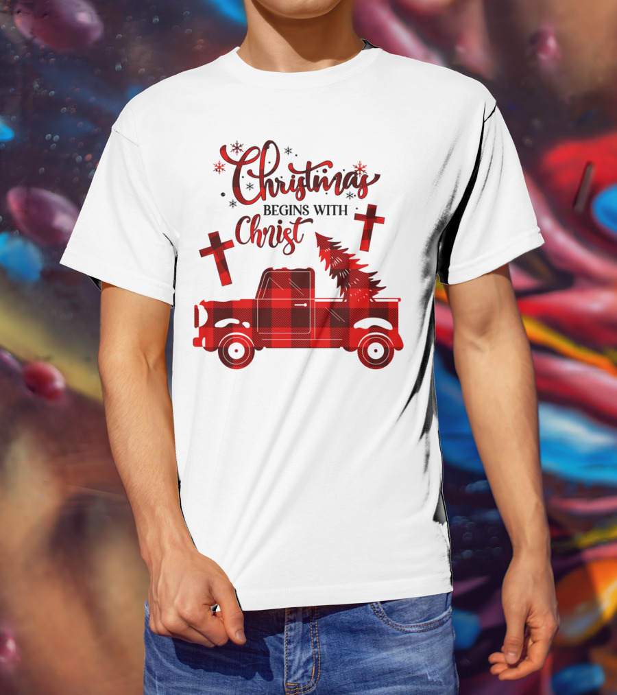 Christmas Begins With Christ Buffalo Plaid Red Truck With Tree And Crosses T-Shirt